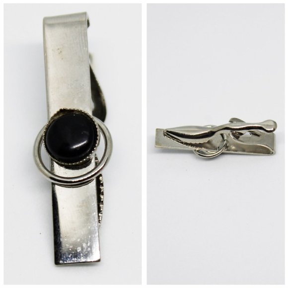 Vintage Silver & Black Circle Cabachon Rectangle Tie Clip VTG Father's Day Gift - Picture 4 of 9